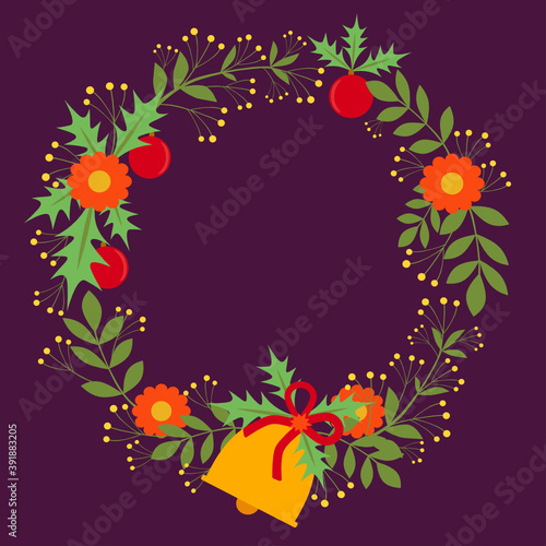 Fototapeta Naklejka Na Ścianę i Meble -  Christmas garland on purple background. Wreath illustration, Round floral frame, Flat design.