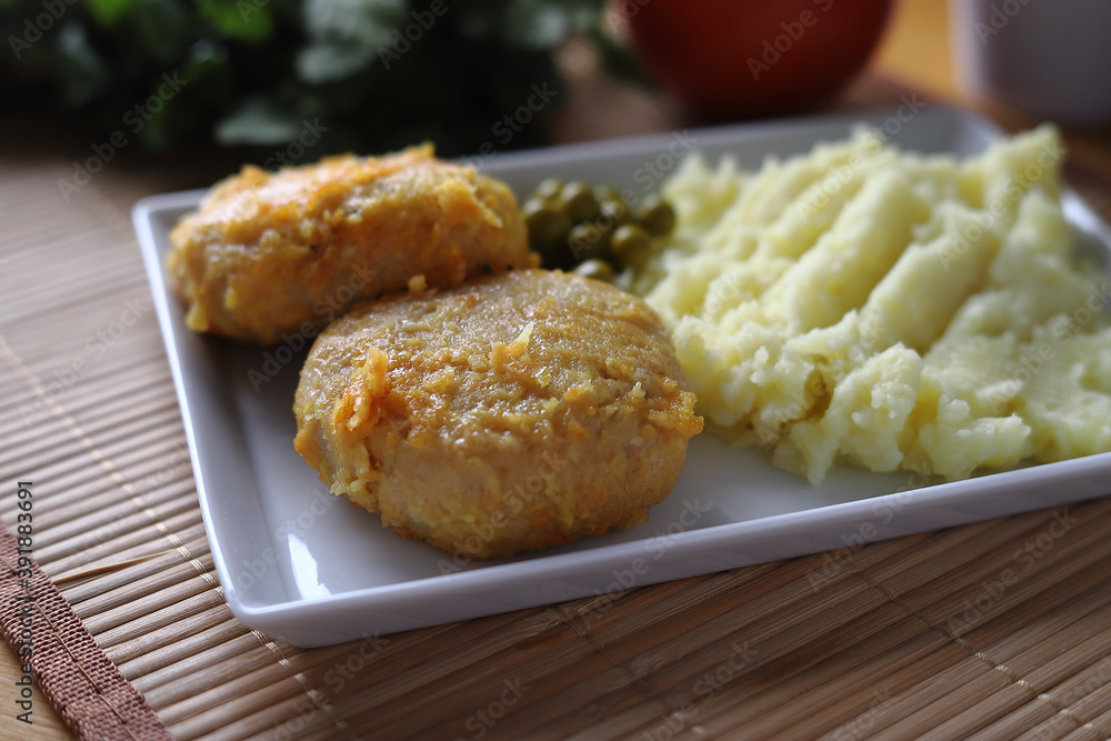 Cutlets with mashed potatoes close up Cutlets with mashed potatoes close up