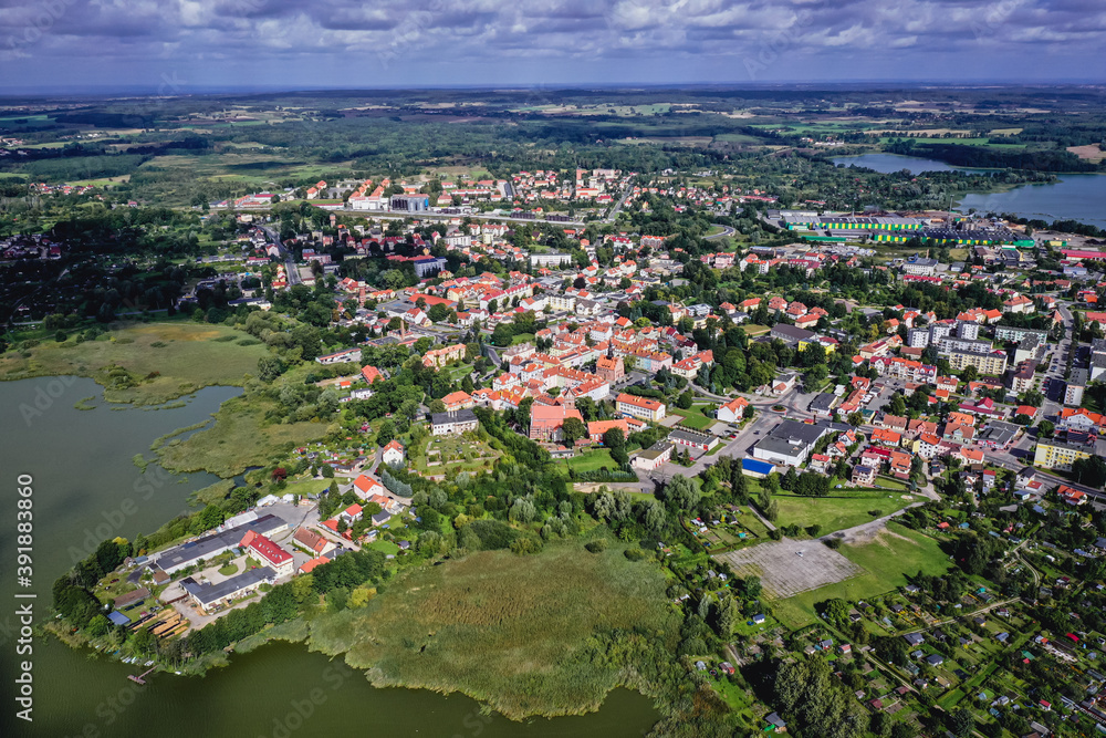 Aerial drone photo of Morag, small town in Warmia Mazury region of Poland