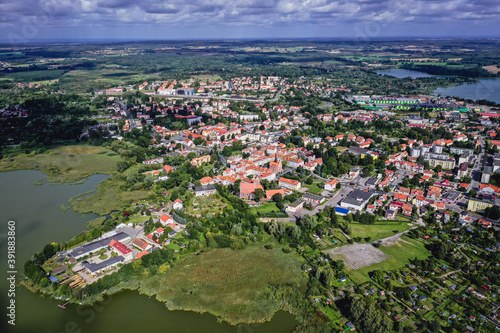 Fototapeta Naklejka Na Ścianę i Meble -  Aerial drone photo of Morag, small town in Warmia Mazury region of Poland