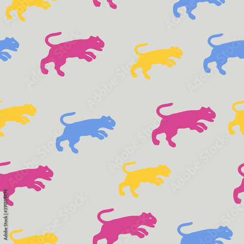 Photography Blue, yellow, pink cats, wild cats silhouette, seamless pattern, vector