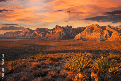 Obraz na plátně Orange first rays of dawn light on the cliffs of Red Rock Canyon National Conservation Area nea Las Vegas Nevada