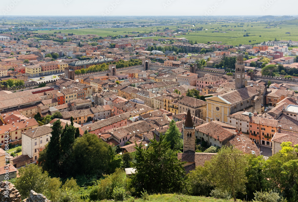 Panoramic view of Soave, Italy, with the old town surrounded by its medieval walls 