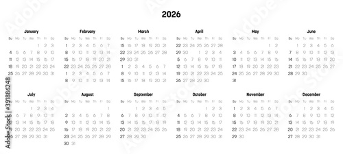 Monthly calendar of year 2026