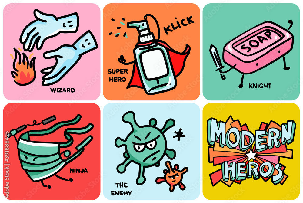 Obraz premium New heroes in town! Call on the frequently: wizard gloves, super hero the disinfection spray, some the knight, mask the Nina. Our Modern Heroes.