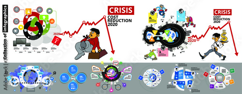 Collection of infographics template with cartoon character, vector
