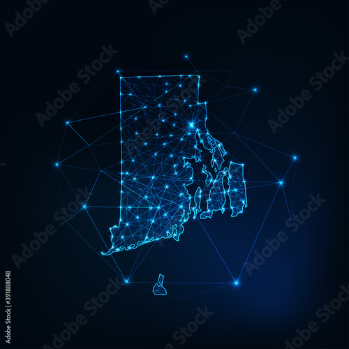 Rhode Island state USA glowing map made of stars lines dots triangles, low polygonal shapes.