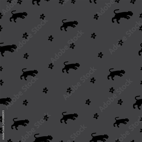 Black cats and black flowers, animals and botanical illustration, seamless pattern, vector © Ksenia Beker