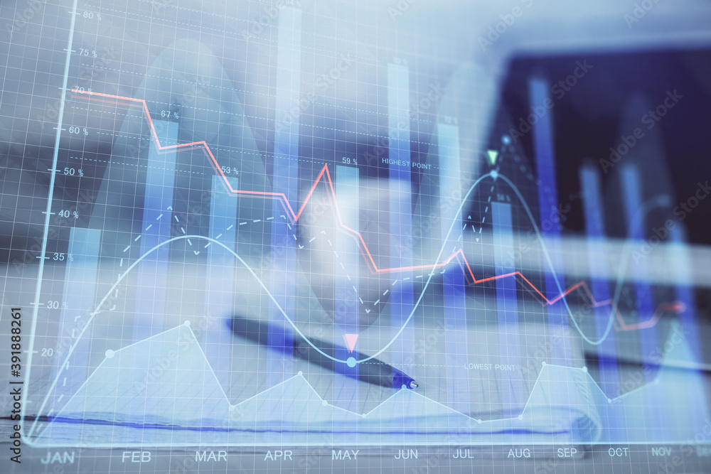 Double exposure of financial graph drawings and desk with open notebook background. Concept of forex market Double exposure of financial graph drawings and desk with open notebook background. Concept of forex market