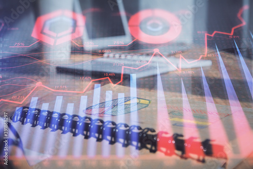 Wallpaper Mural Double exposure of financial graph drawings and desk with open notebook background. Concept of forex market Torontodigital.ca