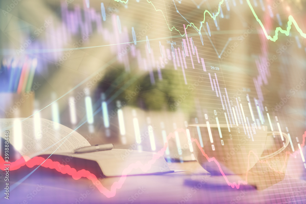Multi exposure of forex graph drawing and desktop with coffee and items on table background. Concept of financial market trading Multi exposure of forex graph drawing and desktop with coffee and items on table background. Concept of financial market trading