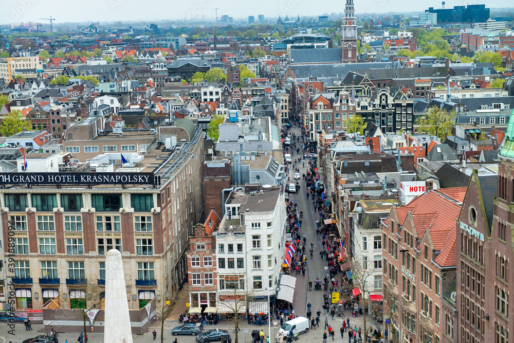 AMSTERDAM, THE NETHERLANDS - APRIL 25, 2015: Aeriel view of Damm Square from panoramic ferris wheel. It is a main city attraction