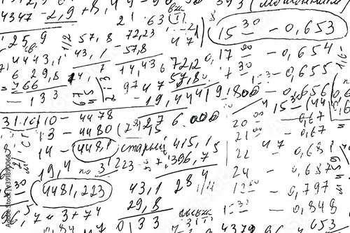 Monochrome background of handwritten notes with careless numbers, blurs and lines. Draft calculations. Overlay template. Vector illustration