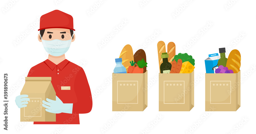 Safe foods delivery. Coronavirus protection and prevention. Courier in face medical mask and gloves with full grocery bag in hands. Vector illustration