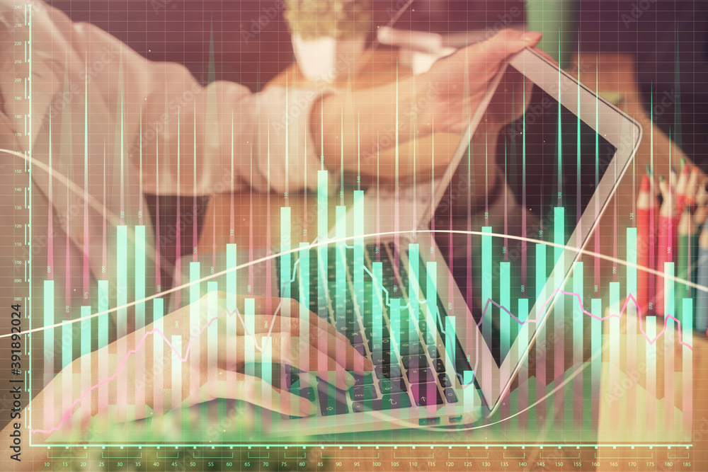 Double exposure of woman hands typing on computer and forex chart hologram drawing. Stock market invest concept. Double exposure of woman hands typing on computer and forex chart hologram drawing. Stock market invest concept.