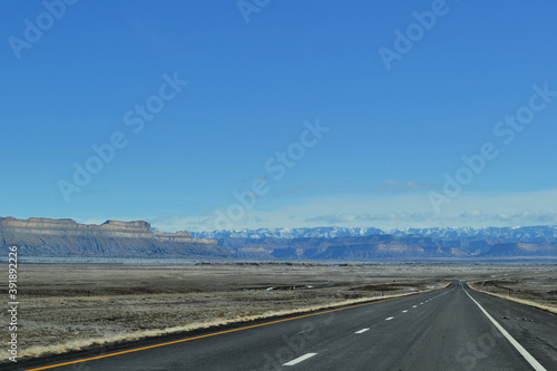 Obraz na płótnie Road with view of mountains covered by snow, Moab, Utah w salonie