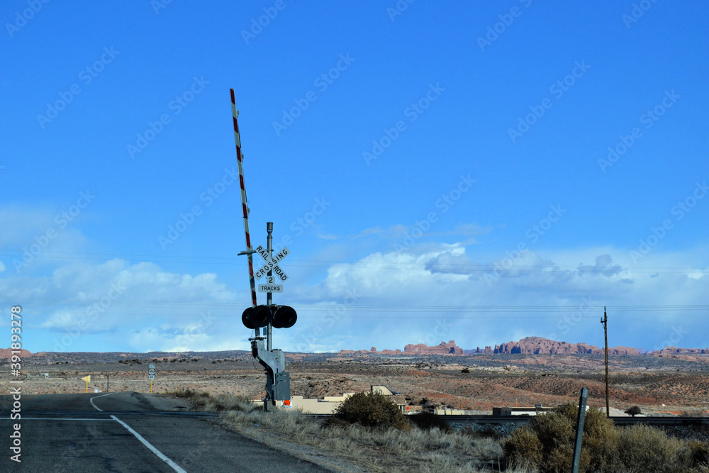 Crossroad on the road to the Arches National Park, Moab, Utah