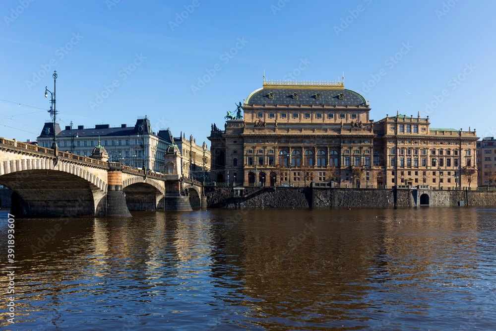 Autumn Prague Old Town with National Theatre in the sunny Day, Czech Republic