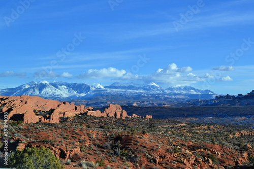 La Sal Mountains and sand dunes from the Arches National Park, Utah