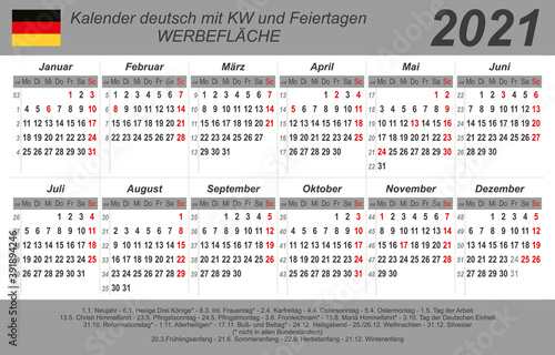 Kalender 2021 - grau - quer - deutsch - mit Feiertagen (85 x 54 mm)
