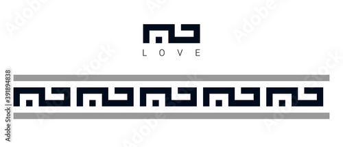 Square kufic calligraphy Hoob and horizontal seamless border as an ornament based on it isolated on white background. Hoob means Love in Arabic. Vector illustration