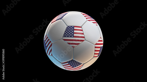 Soccer ball with the flag of United State  USA  on black background. 3d rendering