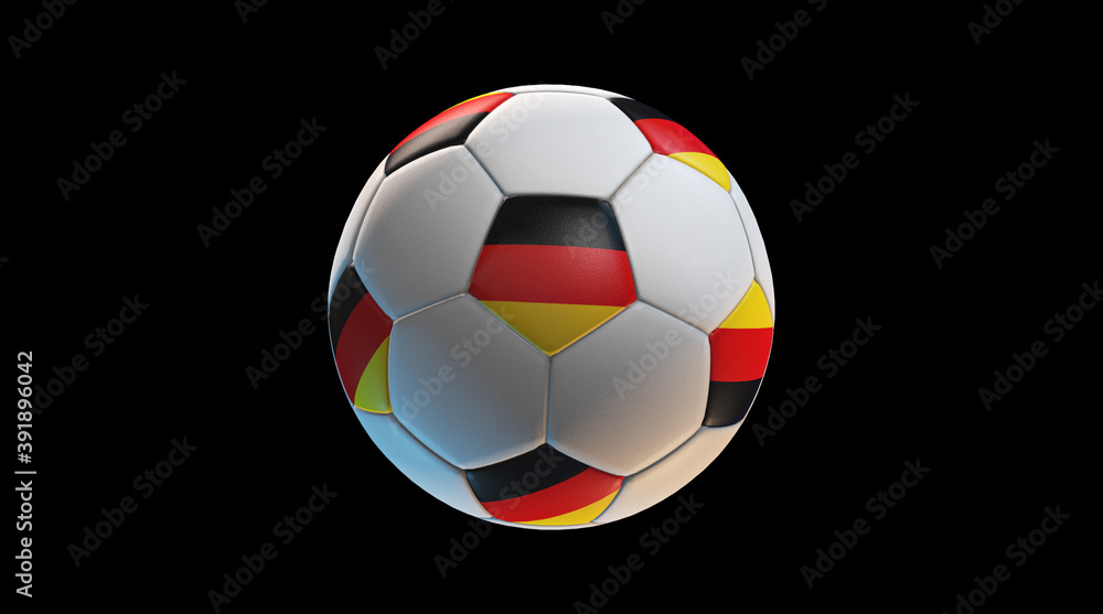Soccer ball with the flag of Germany on black background. 3D Rendering