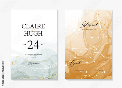 Watercolor wedding invite card, abstract acrylic painting  rustic save the date template. Blue ink with gold frame  modern poster, rsvp invitation, holiday greeting in vector