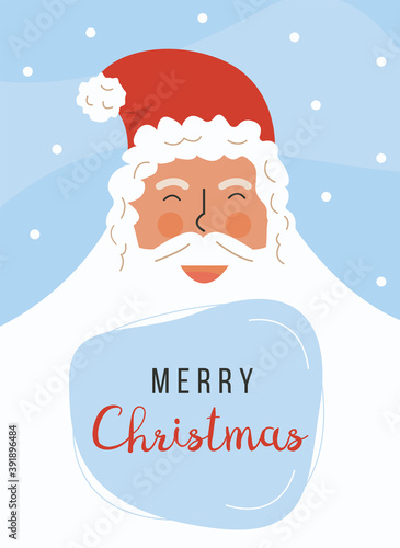 Cute santa claus face flat vector illustration. Traditional festive winter holiday greeting card, postcard design element. New year symbol and merry christmas typography on blue snowing background.