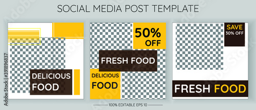 editable square banner template design bundle for food post on instagram. Suitable for Restaurant Social Media Posts and Digital Culinary Promotion. With a yellow, white and brown background color.