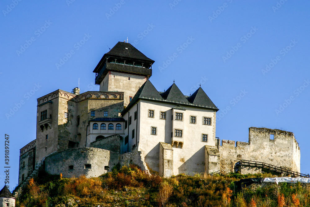 Trencin Castle in Slovakia against the Blue Sky