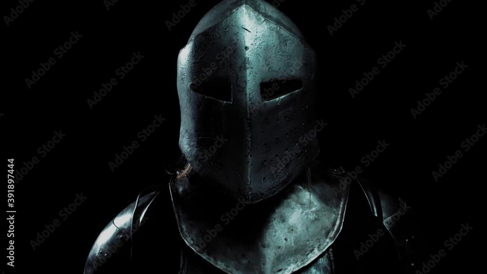 Portrait of a tough female warrior wearing medieval armor and a helmet, 4k
