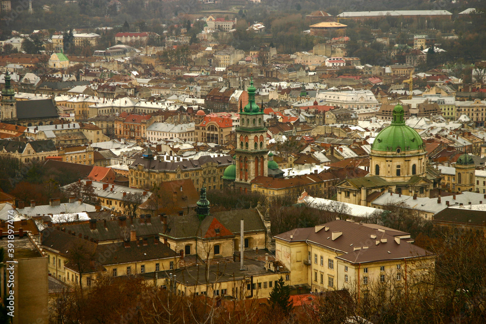 View of Lviv old town in Ukraine. Dominican Church and Dormition Church are in the foreground of the picture.