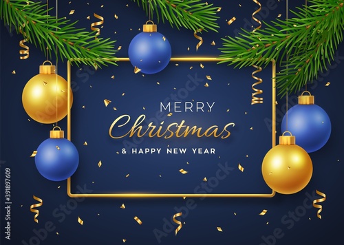 Christmas background with hanging shining golden and blue balls, gold metallic frame, and pine branches. Merry christmas greeting card. Holiday Xmas and New Year poster, cover, banner. Vector.