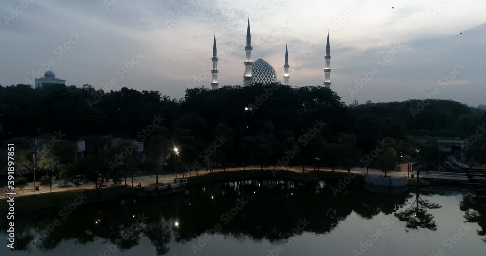 Aerial View of Sultan Salahudin Abdul Aziz Shah mosque during sunrise Aerial View of Sultan Salahudin Abdul Aziz Shah mosque during sunrise