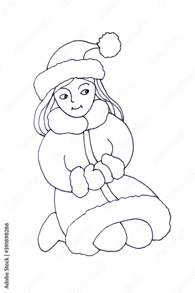 Girl in a Christmas costume and mittens sits in the snow, graphic drawing on a white background Girl in a Christmas costume and mittens sits in the snow, graphic drawing on a white background