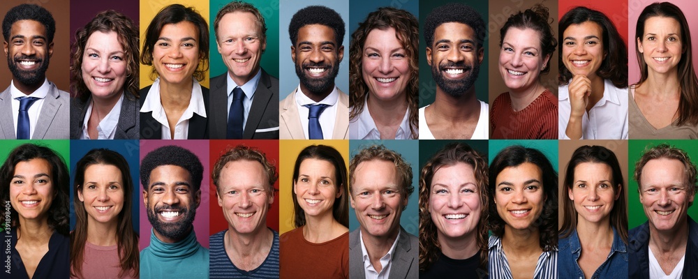 Group of different people in front of a colored background Group of different people in front of a colored background