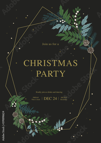 Christmas golden frame with confetti, fir branches, winter plants, holly berries, cones. Xmas and Happy New Year party invitation. Vector illustration