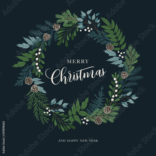 Christmas wreath with holly berries, mistletoe, pine and fir branches, cones, rowan berries. Xmas and happy new year postcard. Vector illustration, holiday invitation