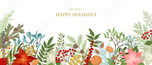 Christmas border with winter plants and floral, poinsettia, holly berries, mistletoe, pine and fir branches, cones, rowan berries. Xmas and New Year vector illustration. Holiday design template