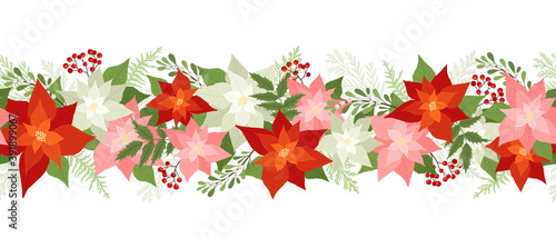 Seamless Christmas border with poinsettias, holly berries, rowan berries, winter plants, pine branches. Xmas vector illustration, holiday pattern