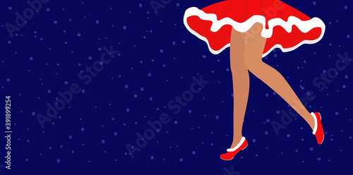 Santa woman or girl legs in short red flared Christmas skirt