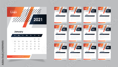 New Year 2021, 2021 wall calendar design template, office planner schedule, 12 months calendar layout.