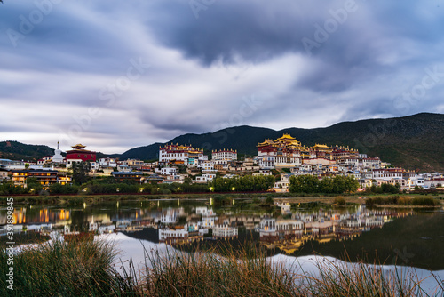 Blues night view of Songzanlin Temple in Shangri-La, Yunnan, China