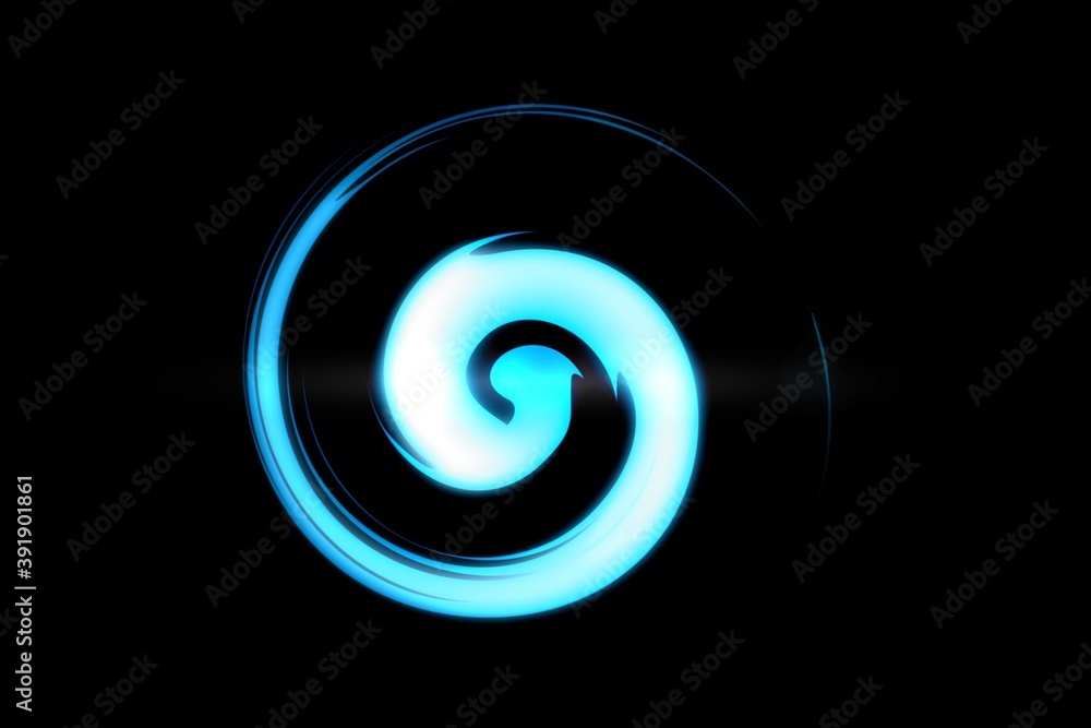 Blue fire with luminous swirling on black backdrop. Glowing spiral with light circles light effect, abstract background Blue fire with luminous swirling on black backdrop. Glowing spiral with light circles light effect, abstract background