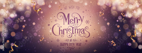 Merry Christmas and New Year text lettering on dark holiday background with gold ribbons, sparkles, glitter gold confetti, bokeh and glowing lights. Xmas card. Vector Illustration banner
