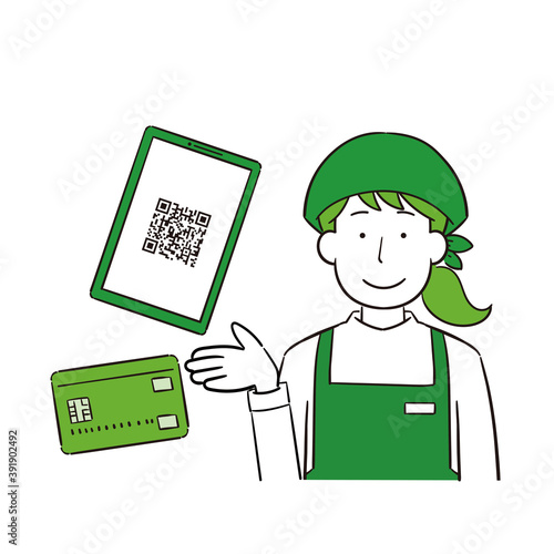 キャッシュレス決済を案内する女性店員のイラスト