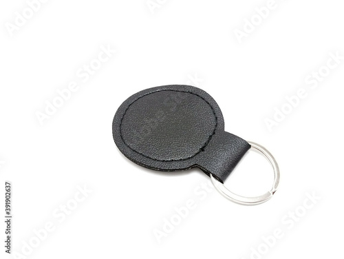 Black leather circle shape key ring keychain