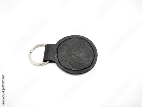Black leather circle shape key ring keychain
