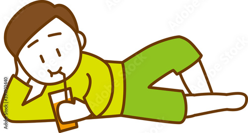 寝転んでジュースを飲んでいる男性のイメージイラスト